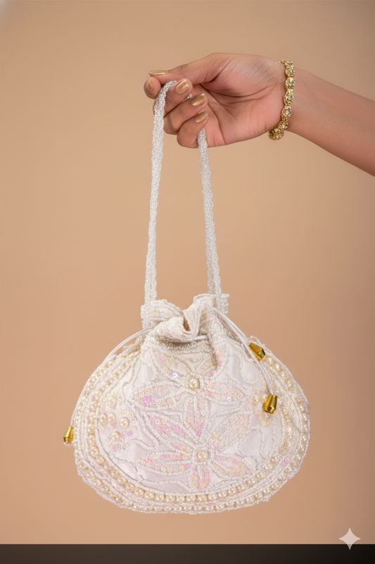 Ivory Cream Potli with Handmade Pearl and Sequin Design
