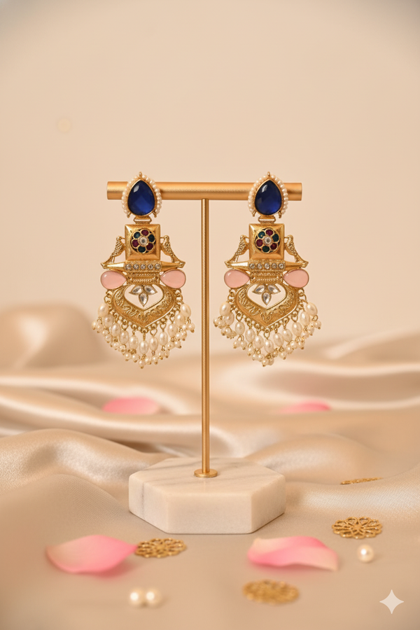 Gold Finish Long Kundan Earrings Jewellery with Multicolor Stones and Teardrop Pearls