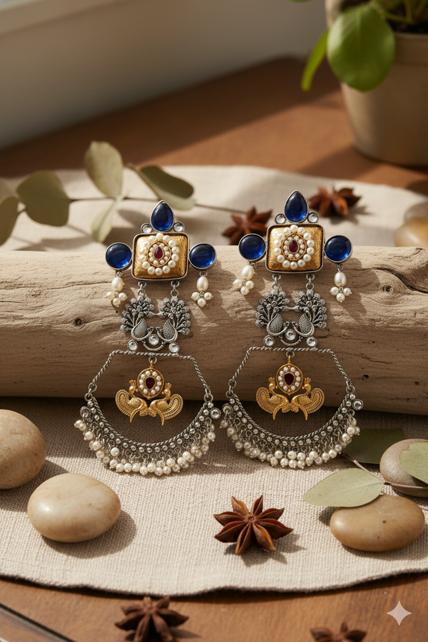 Long Peacock Design Earrings Jewellery with Kundan, Blue Stones & Pearls