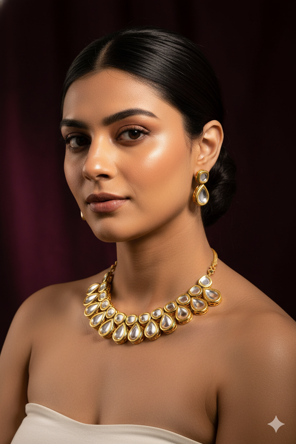 Gold Finish Kundan Choker Jewellery with Tear Drop Style