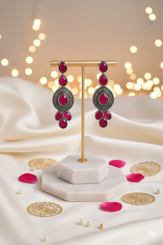 Oxidized Earrings Jewellery with Magenta Kundan Detailing