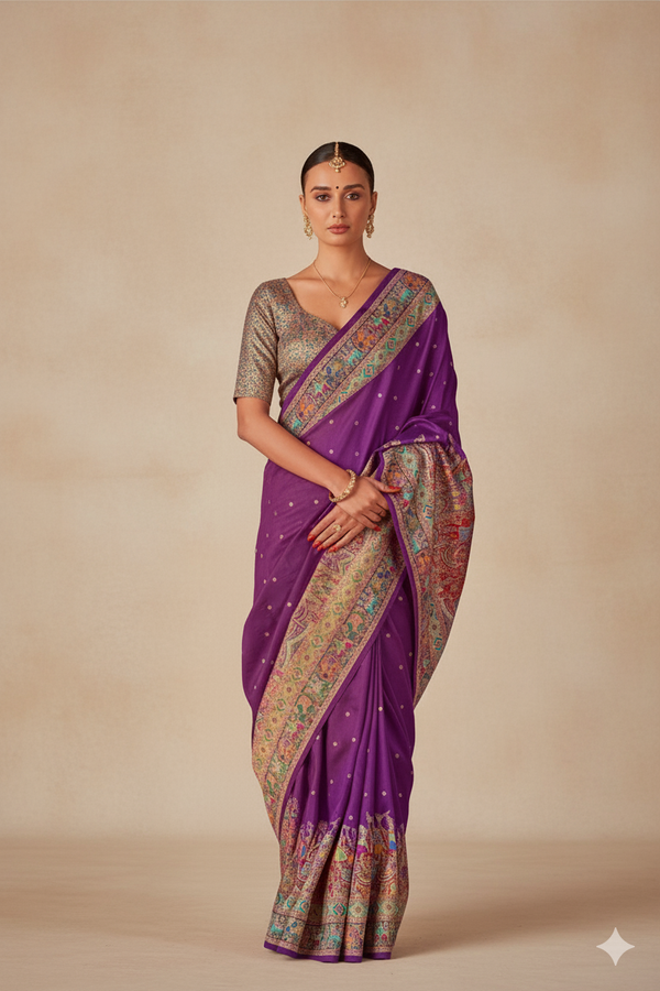 Purple Raw Silk Saree with Heritage Prints