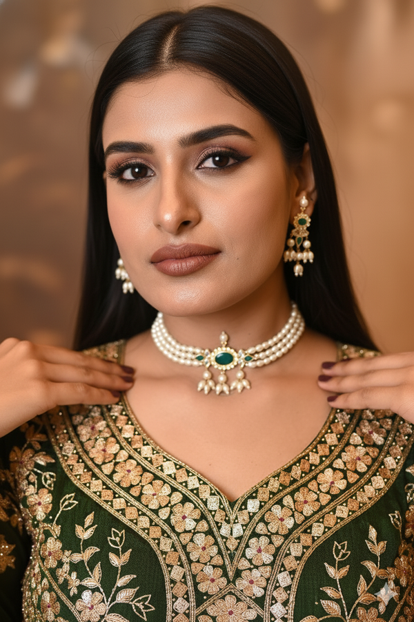 Pearl Emerald Kundan Stone Choker Jewellery