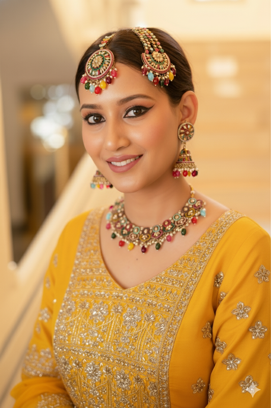 Multi-Color Necklace Jewellery Set with Maang Tikka and Passa
