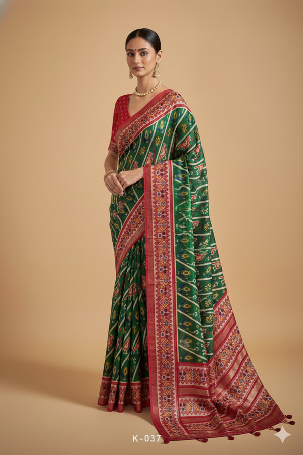 Rama Green Raw Silk Saree with Red Border & Patola Print