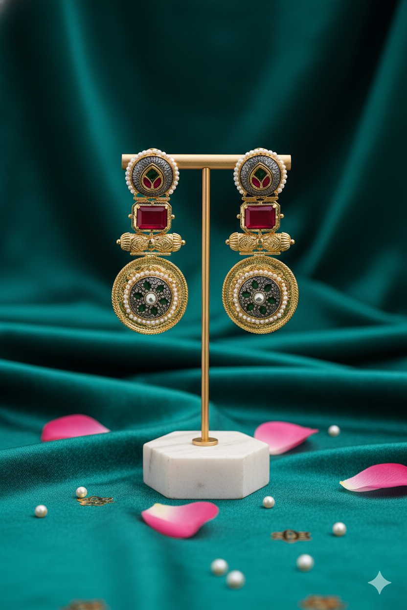 Gold Metal Earrings Jewellery with Kundan, Ruby Stones & Pearl Accents