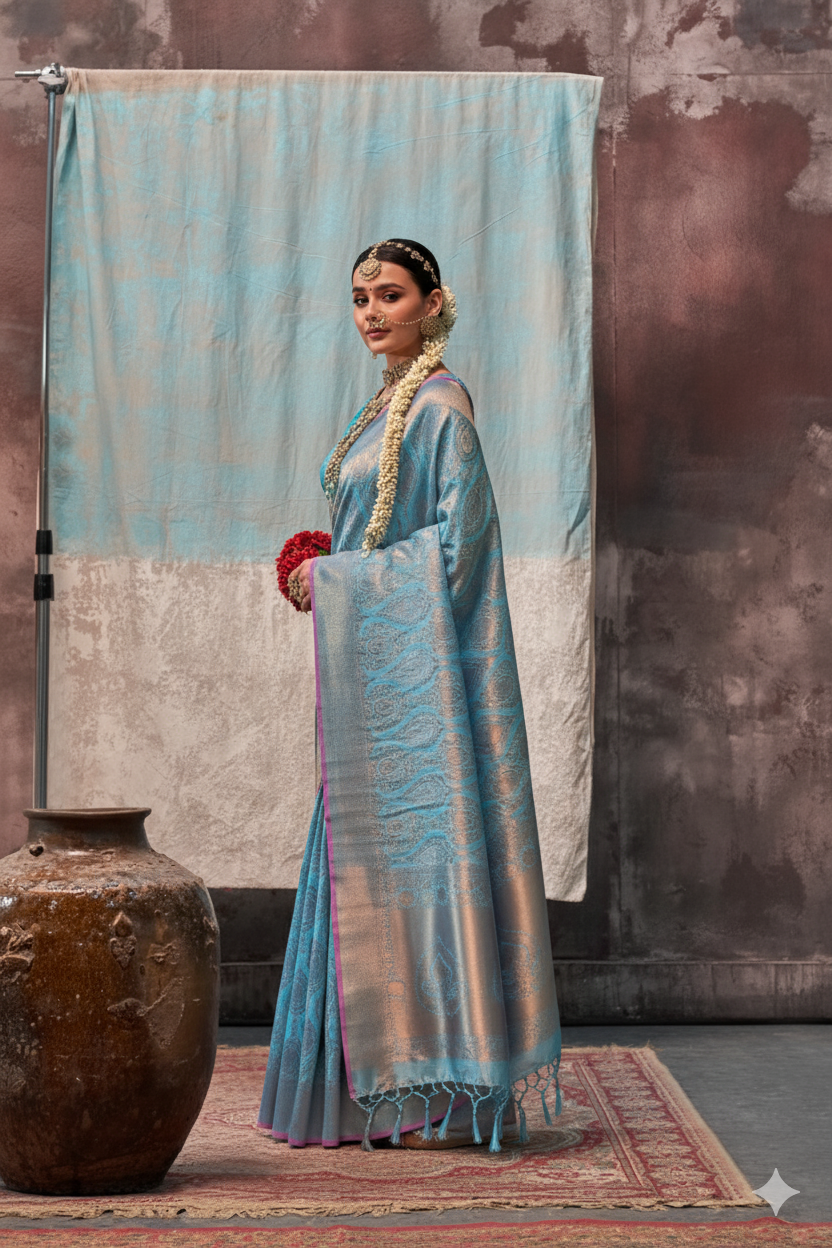 Two-Tone Peach Weaving Silk Saree with Contrast Selvage Border