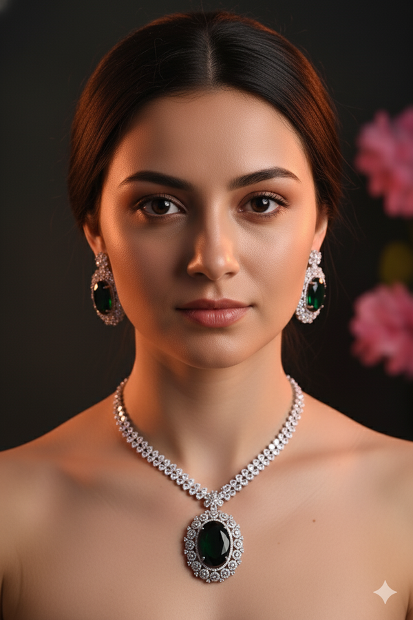 Emerald Green American Diamond Necklace with Earrings Jewellery Set
