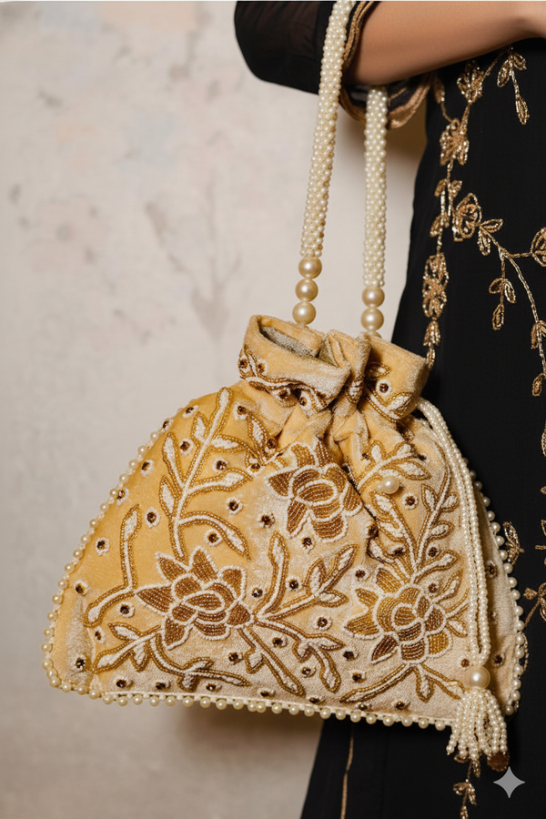 Handwork Beige Pearl and Bead Potli with Pearl Handle and Velvet Base