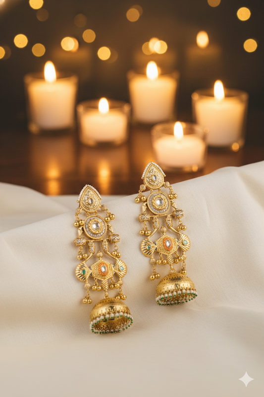 Gold Finish Maharani Style Jhumka Jewellery with Kundan Work, Pearls & Mixed Metal Detailing