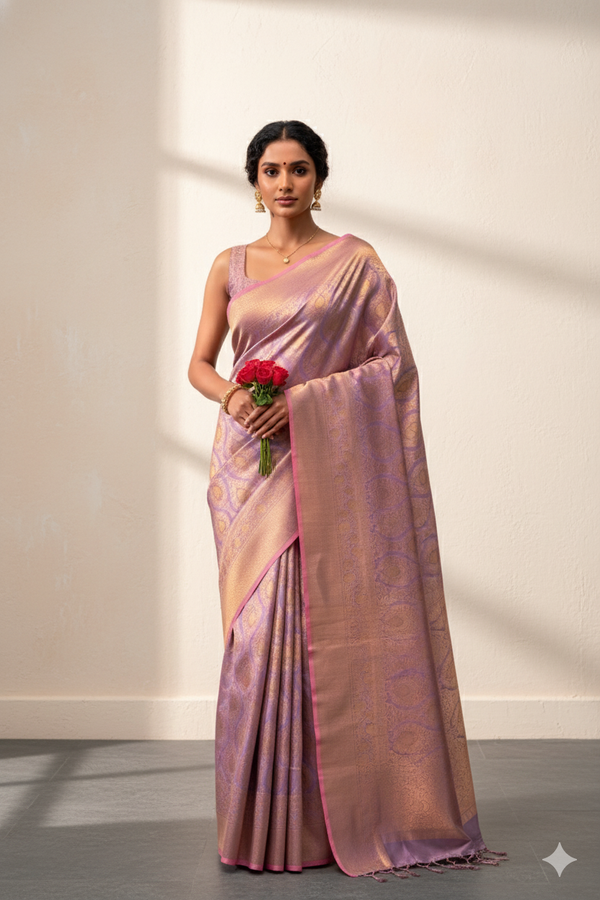 Two-Tone Peach Weaving Silk Saree with Contrast Selvage Border