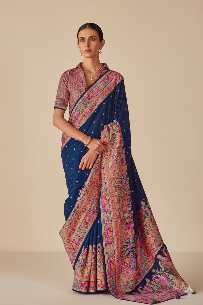 Bottle Green Raw Silk Saree with Heritage Prints