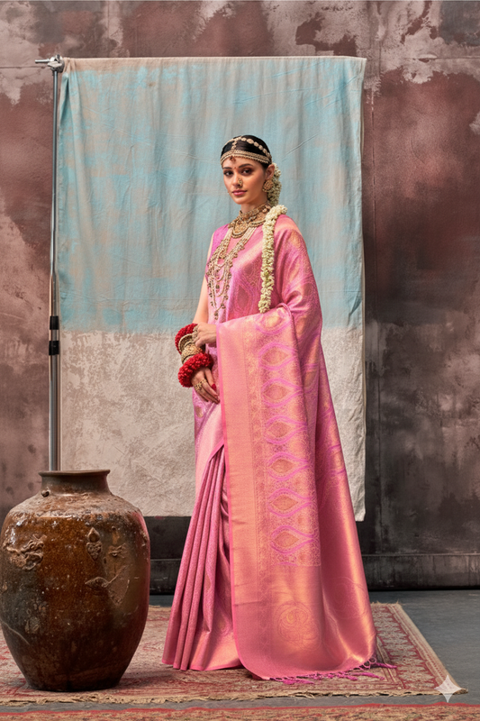 Two-Tone Baby Pink Weaving Silk Saree with Contrast Selvage Border