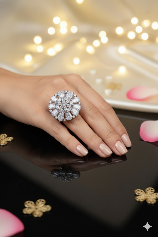 American Diamond Round Shaped Golden-Colored Multiple Stone Ring Jewellery