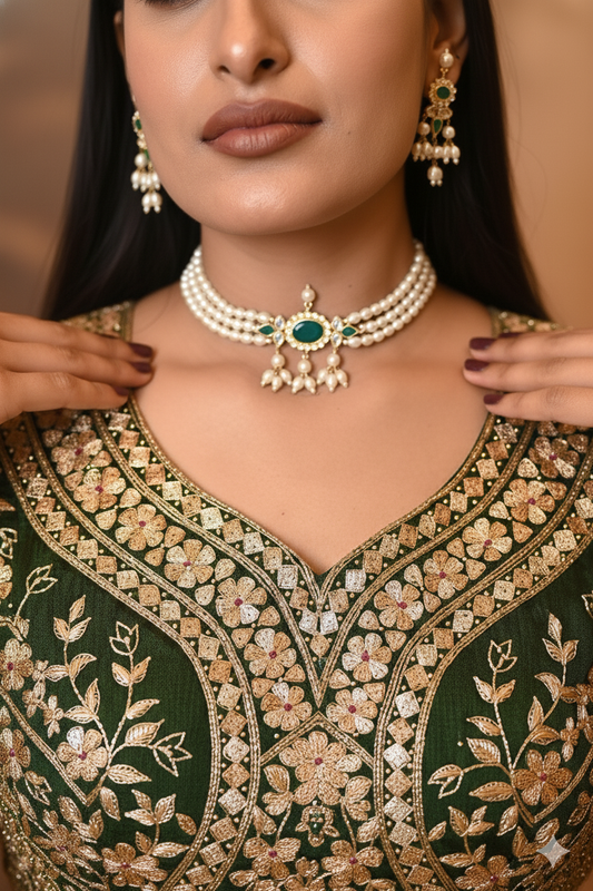 Pearl Emerald Kundan Stone Choker Jewellery