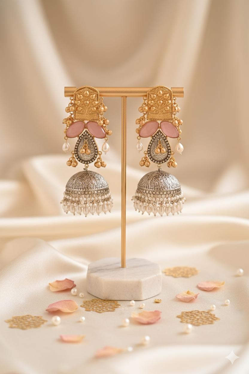 Mixed Metal Long Jhumka Jewellery with Pink Stones and Teardrop Pearls