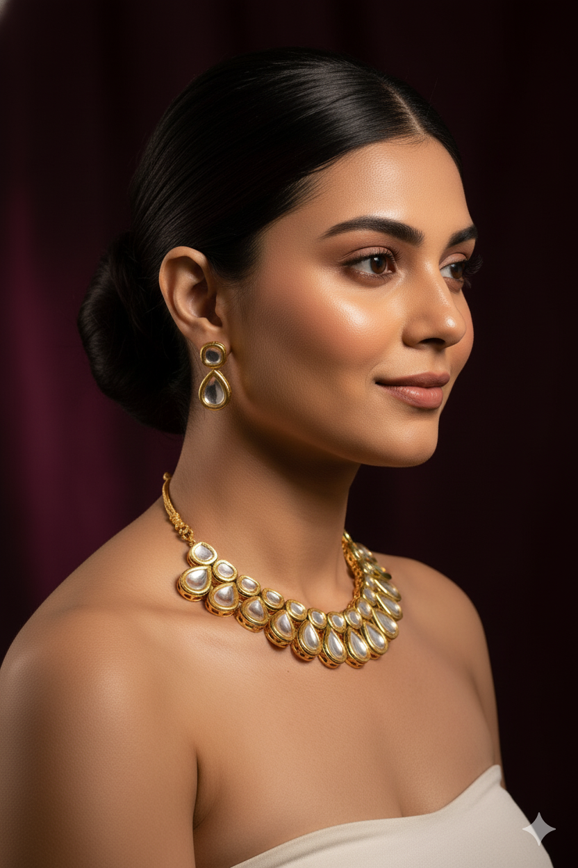 Gold Finish Kundan Choker Jewellery with Tear Drop Style