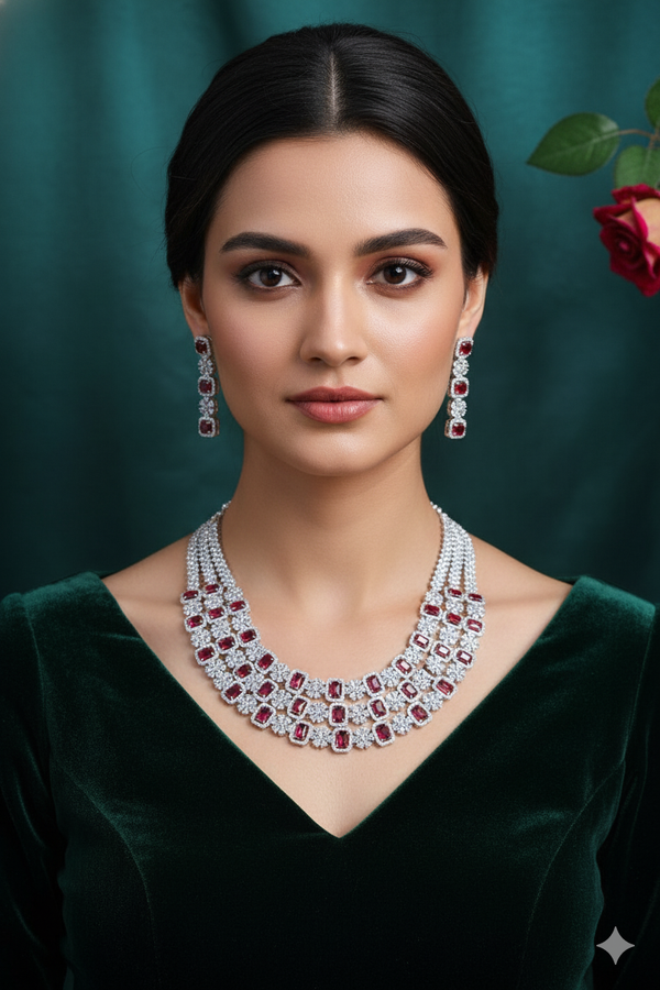 Ruby American Diamond 3-Layer Grand Necklace with Earrings Jewellery Set