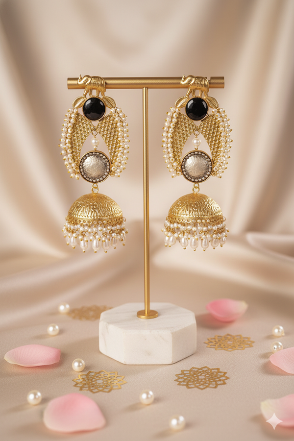 Golden Jhumka Jewellery Earrings with Black Stones and Pearl Accents