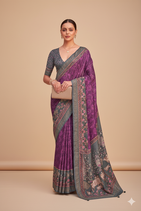 Purple Raw Silk Saree with Regal Bovine Motifs