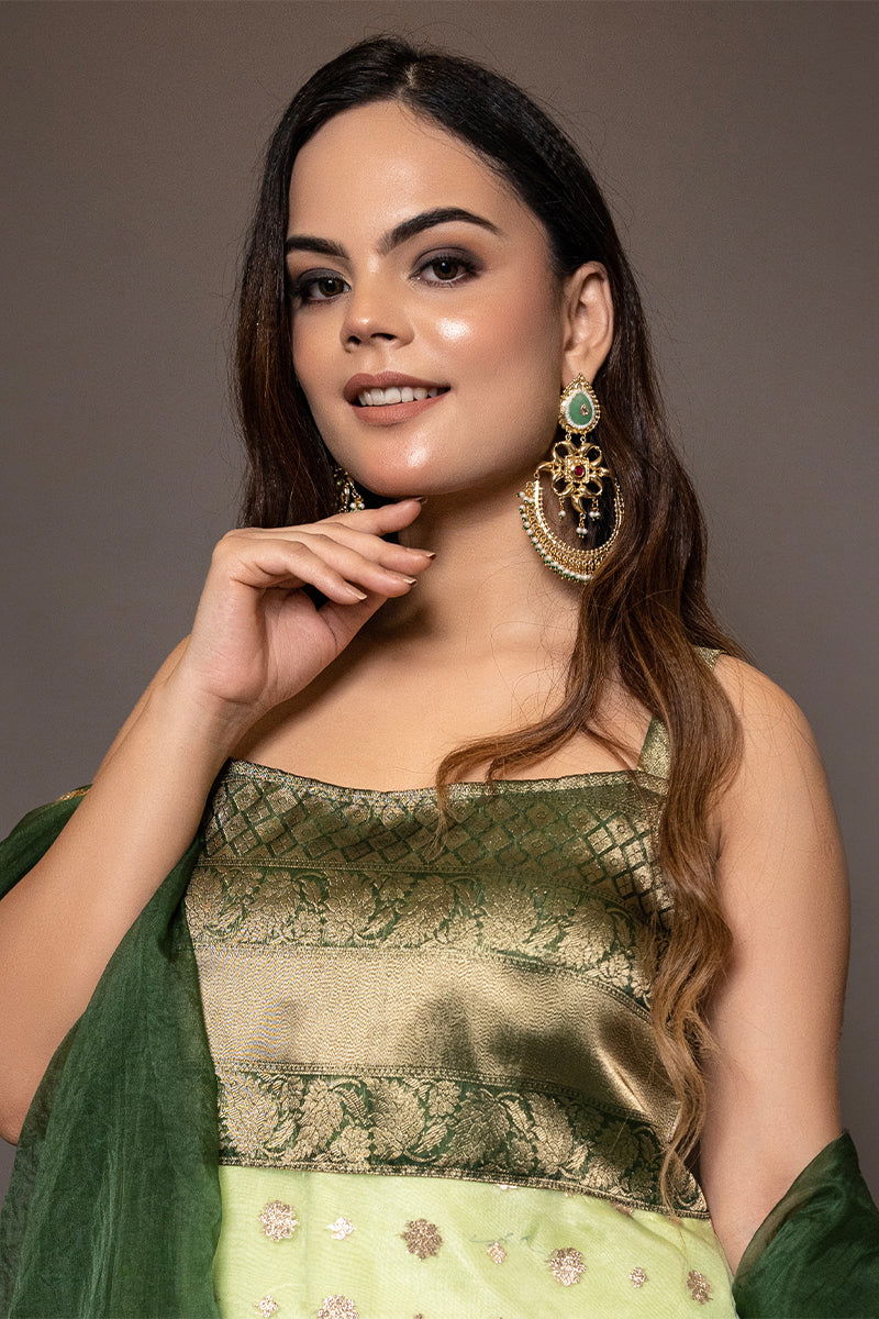 Gold Chad Bali Earrings with Kundan Work, Stones, and Pearls in Mixed Metal - Mayrake