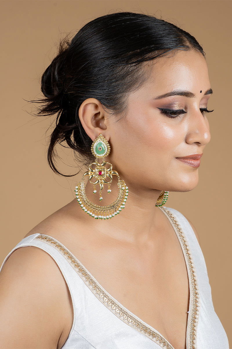 Gold Chad Bali Earrings with Kundan Work, Stones, and Pearls in Mixed Metal - Mayrake