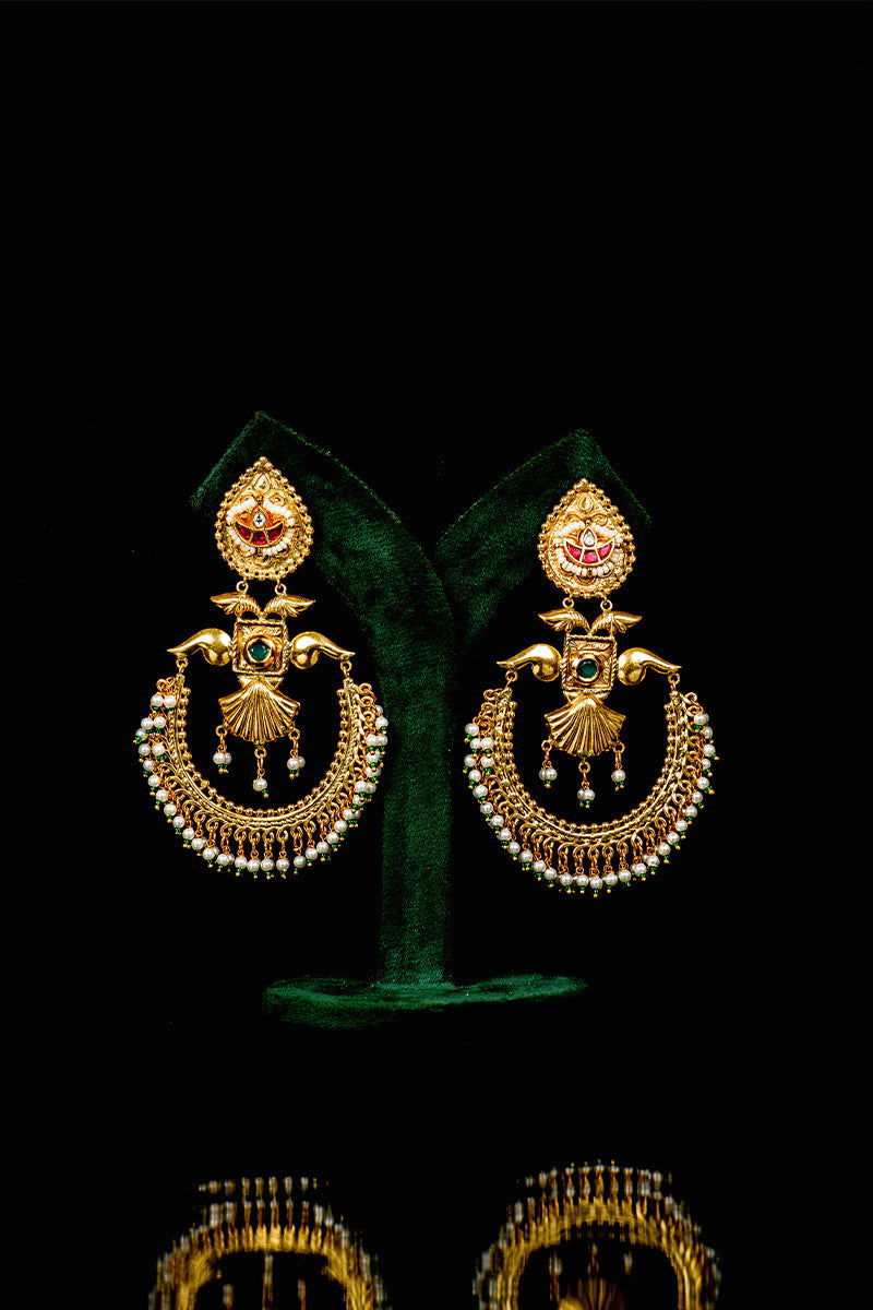 Gold Chand Bali Mixed Metal Kundan Work and Pearls Earrings - Mayrake.in