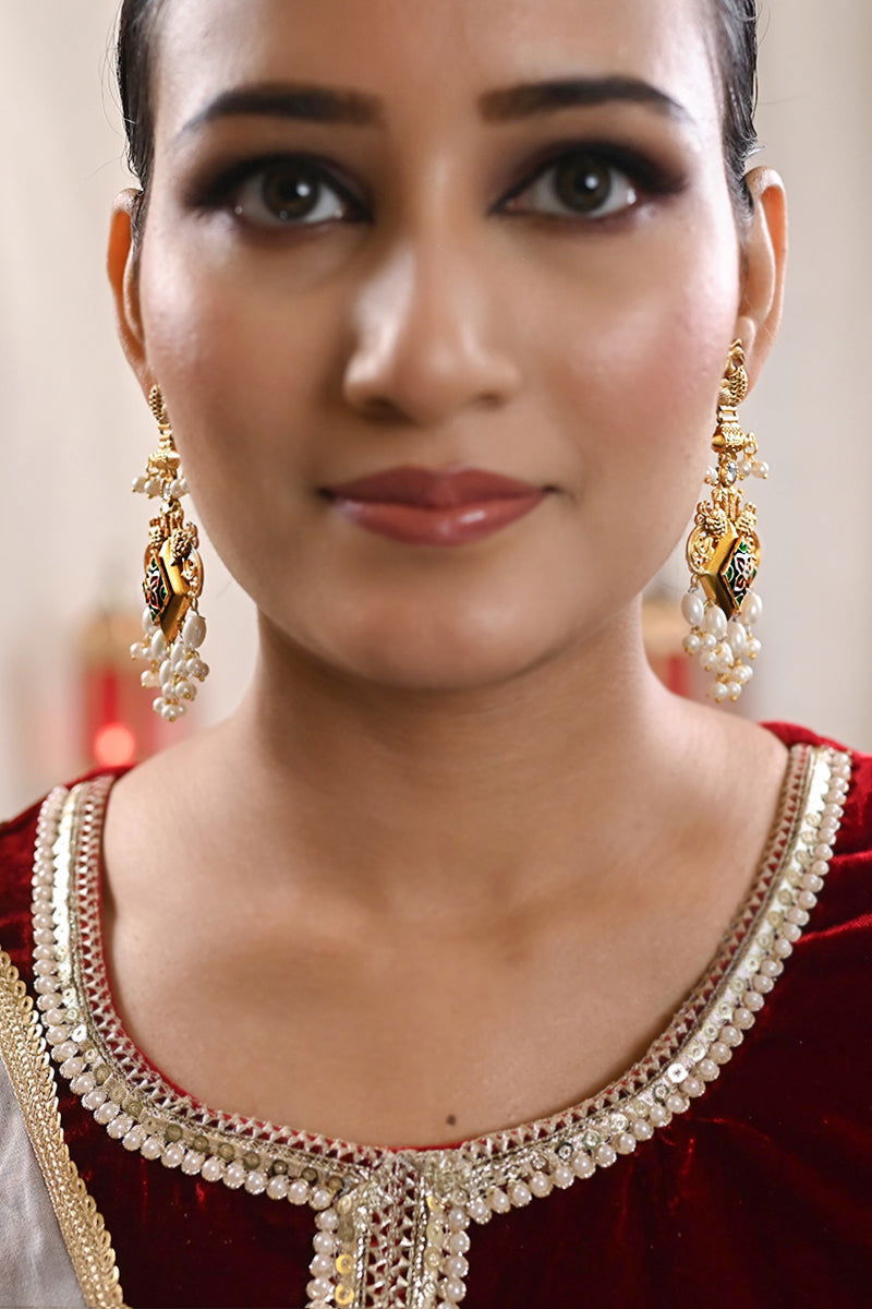 Gold Finish Drop Pearl Kundan Earrings - Mayrake.in