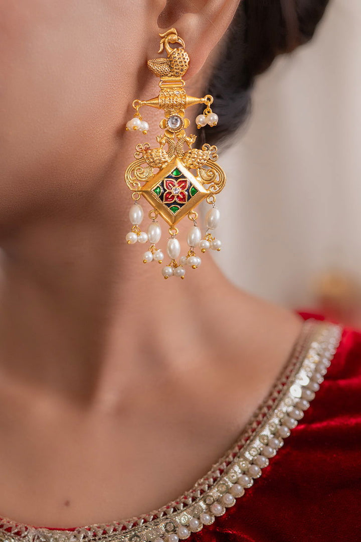 Gold Finish Earrings with Drop Pearl and Kundan - Mayrake - 