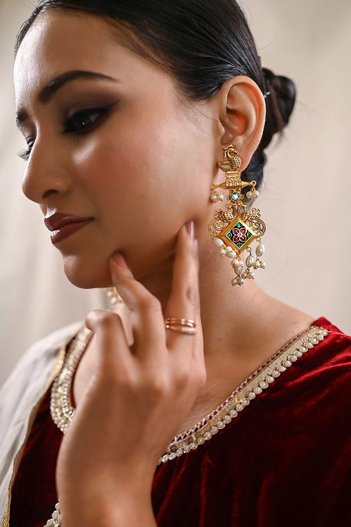 Gold Finish Earrings with Drop Pearl and Kundan - Mayrake - 
