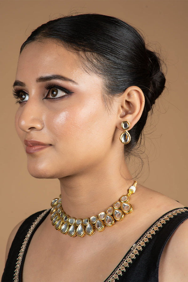Gold Finish Kundan Choker with tear drop style - Mayrake
