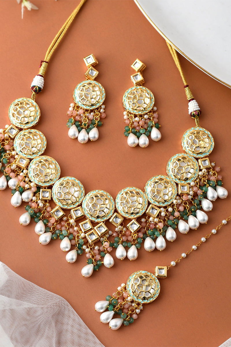 Gold Finish Kundan Multi-Color Beads and Pearls Necklace - Mayrake.in