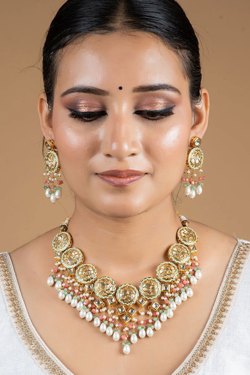 Gold Finish Kundan Multi-Color Beads and Pearls Necklace - Mayrake.in