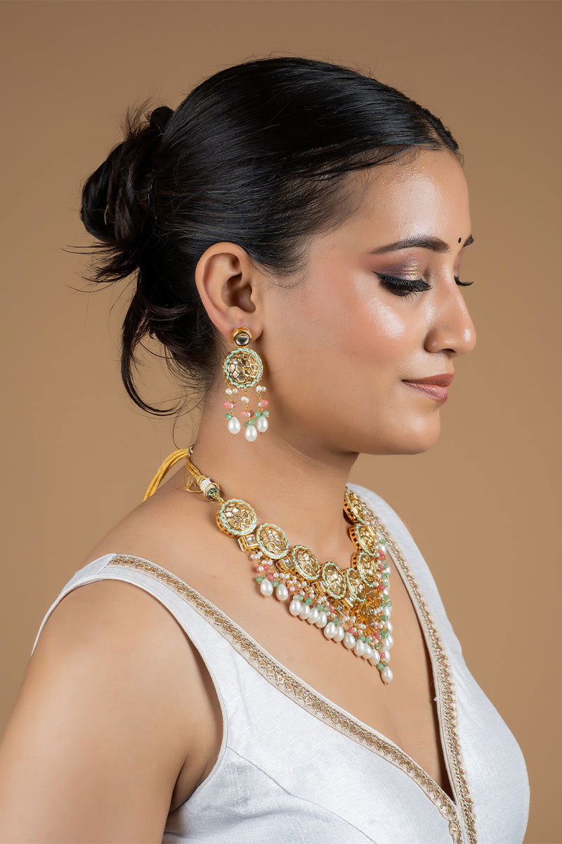 Gold Finish Kundan Multi-Color Beads and Pearls Necklace - Mayrake.in