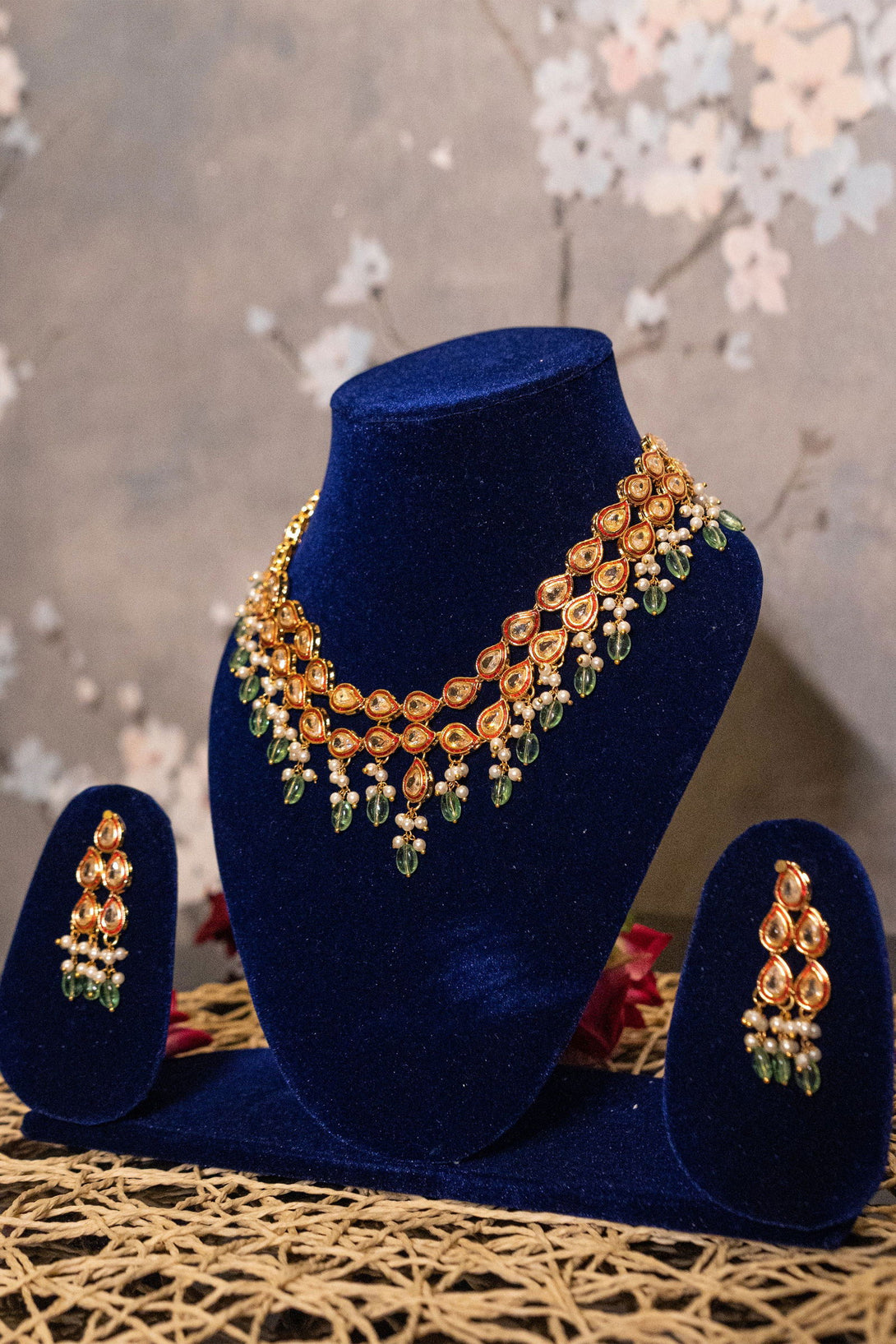 Gold Finish Kundan Necklace with Beads and Pearls - Mayrake.in