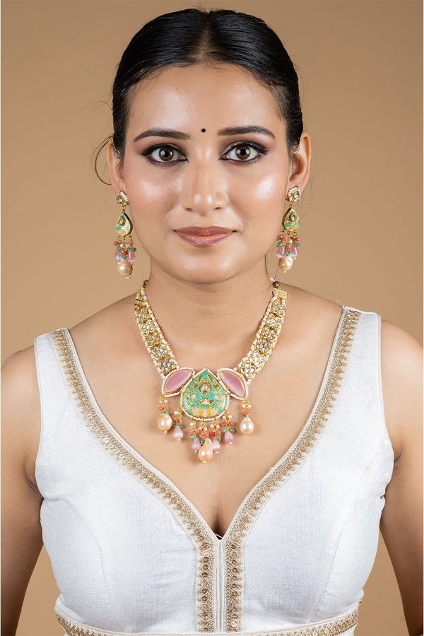 Gold Finish Kundan Necklace with Multi-Color Beads and High-Quality Pearls - Mayrake