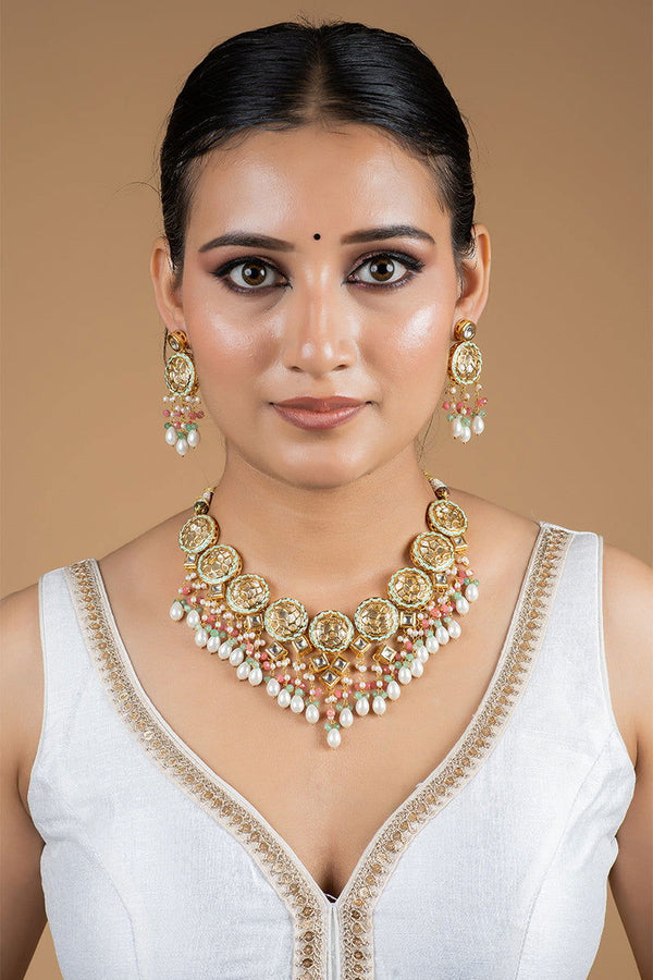 Gold Finish Kundan Necklace with Multi-Color Beads and High-Quality Pearls - Mayrake