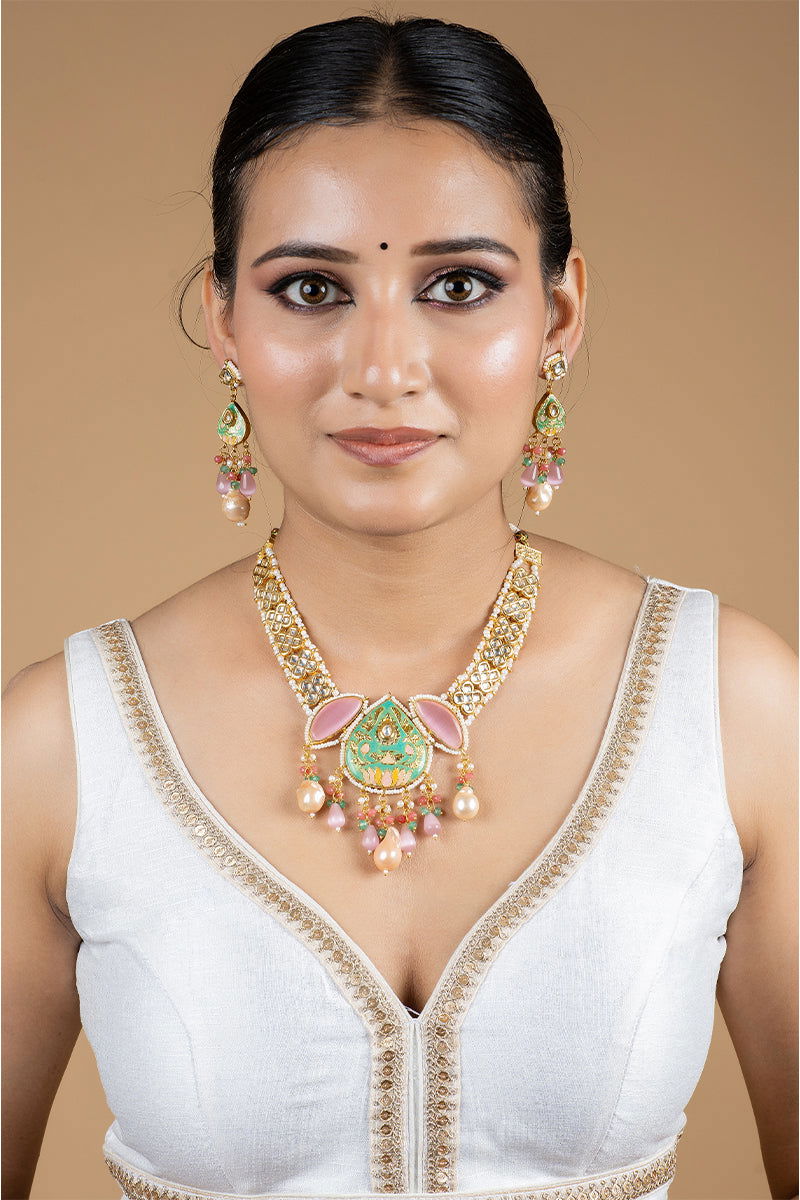 Gold Finish Kundan Necklace with Multi-Color Beads and Pearls - Mayrake.in