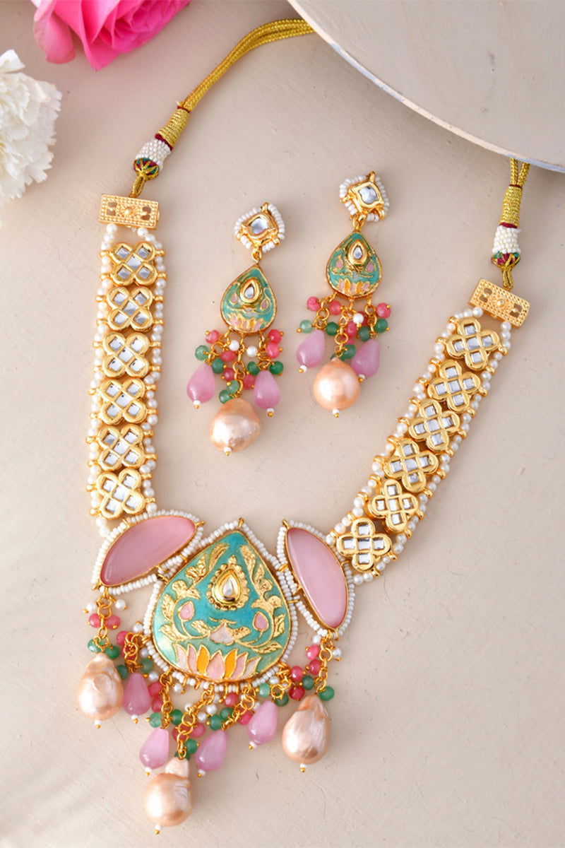 Gold Finish Kundan Necklace with Multi-Color Beads and Pearls - Mayrake.in