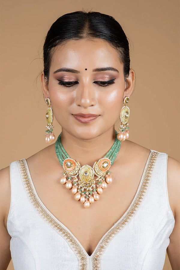 Gold Finish Kundan Necklace with Sea Green Beads and High-Quality Pearls - Mayrake