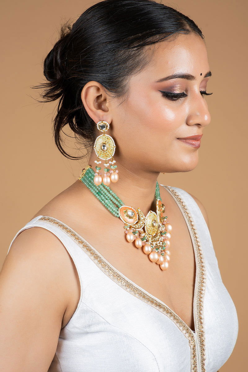 Gold Finish Kundan Sea Green Beads and Pearls Necklace - Mayrake.in