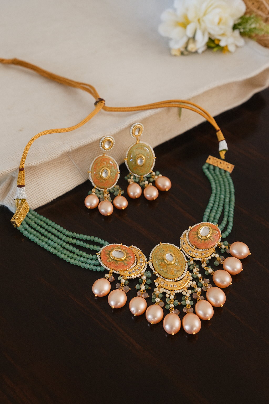 Gold Finish Kundan Sea Green Beads and Pearls Necklace Jewellery - Mayrake.in
