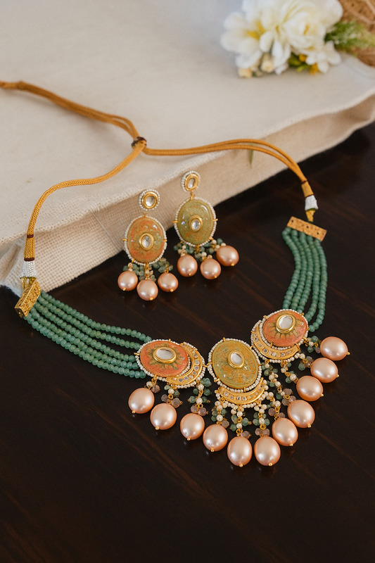 Gold Finish Kundan Sea Green Beads and Pearls Necklace Jewellery - Mayrake.in