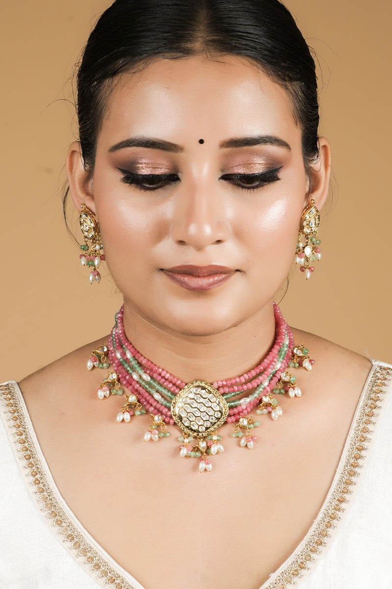 Gold Finish Stone Kundan Multicolor Beads Pearls Choker - Mayrake.in