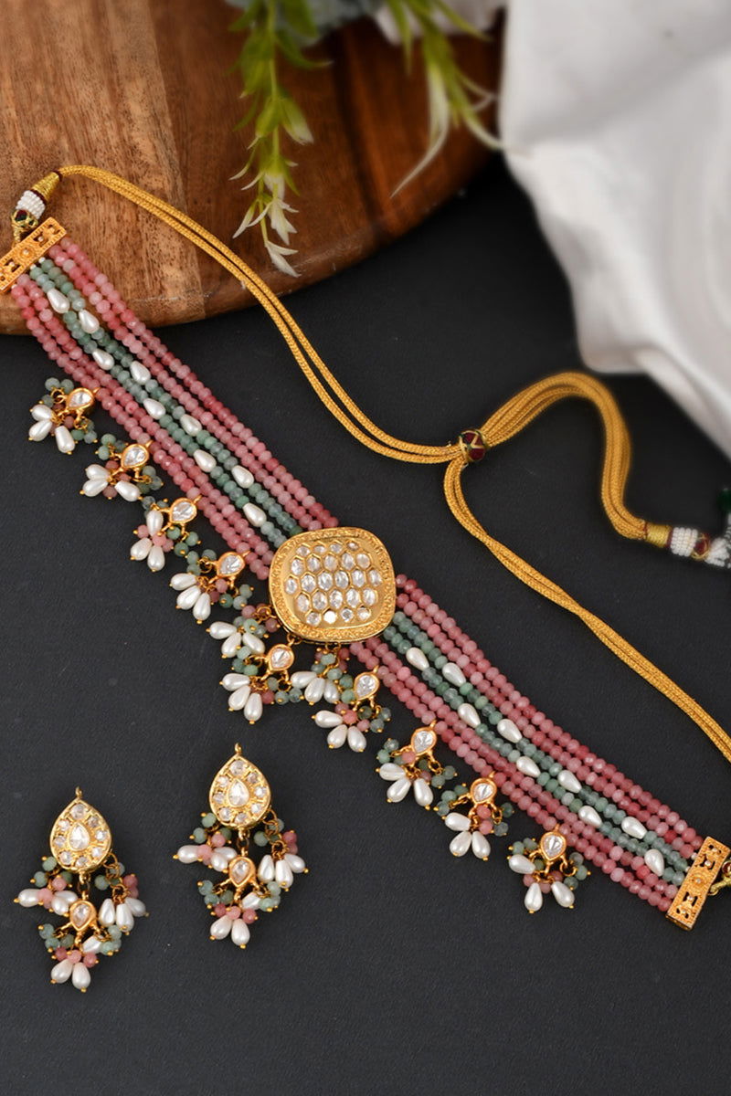 Gold Finish Stone Kundan Multicolor Beads Pearls Choker - Mayrake.in
