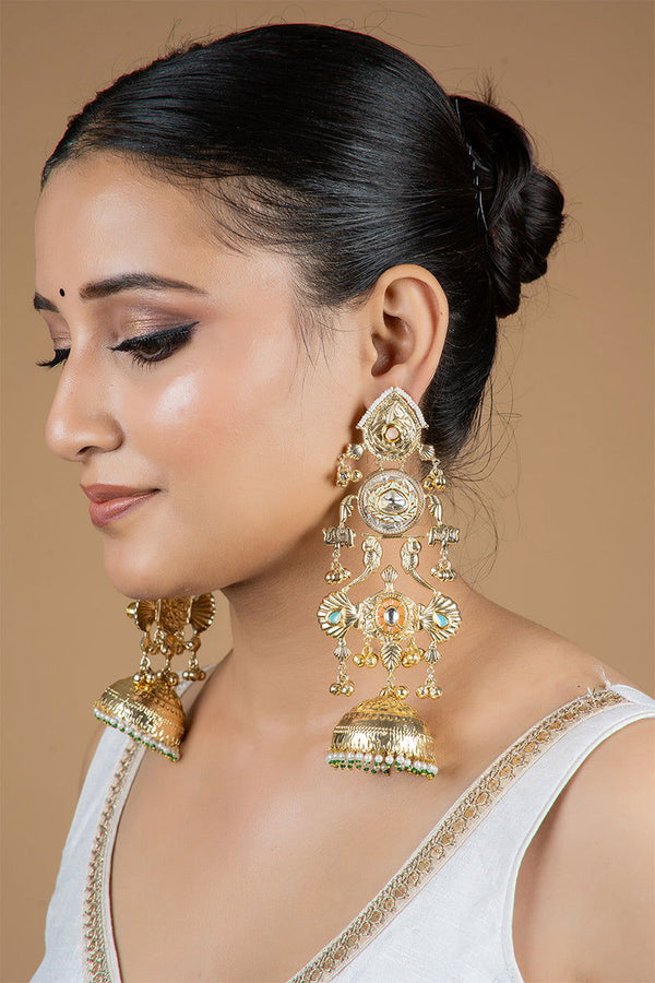 Gold Maharani Jhumka Earrings with Kundan Work and Pearls in Mixed Metal - Mayrake
