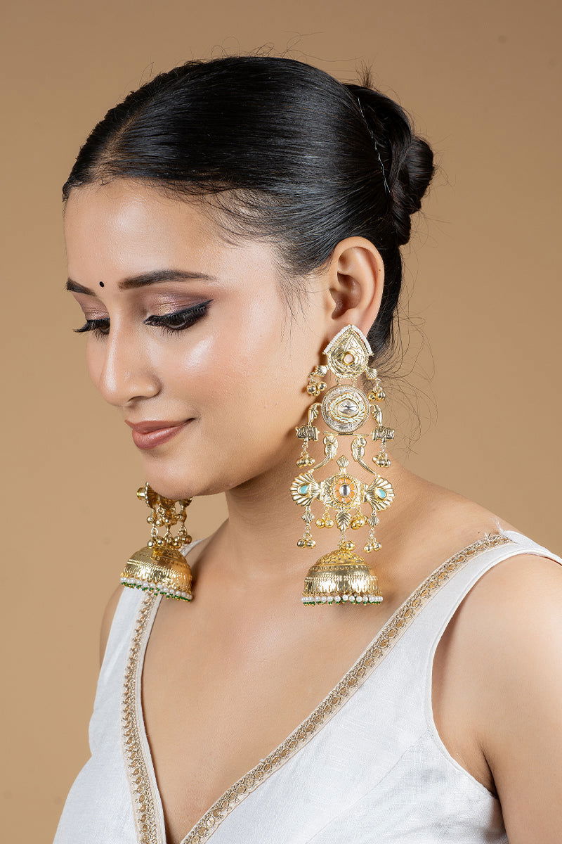 Gold Maharani Mixed Metal Kundan Work and Pearls Jhumka Earrings - Mayrake.in