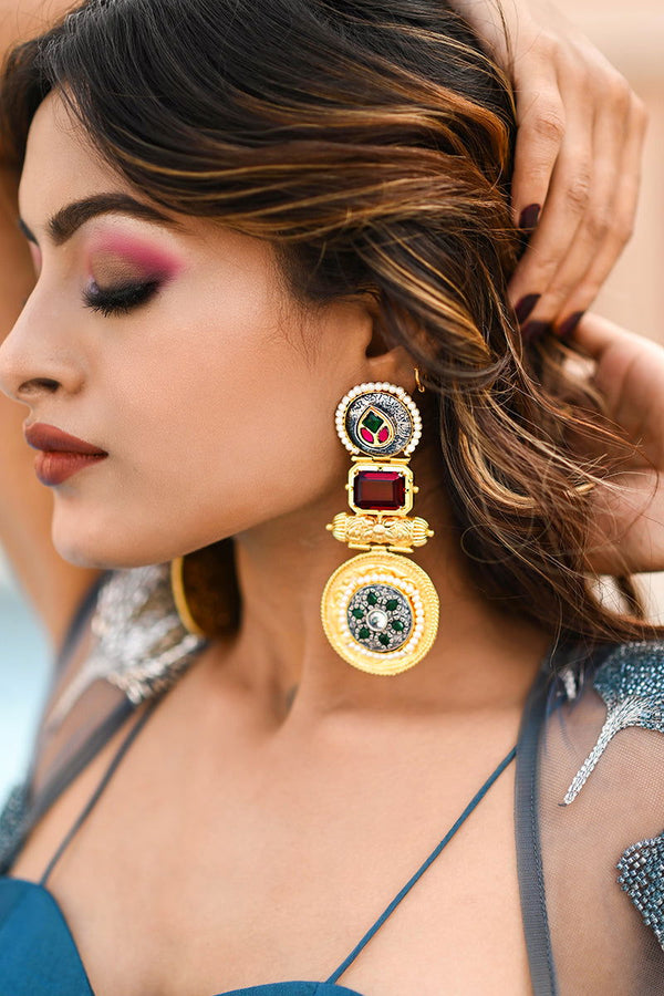 Gold Metal Earrings with Kundan Ruby Stones and Pearl Accents - Mayrake - 