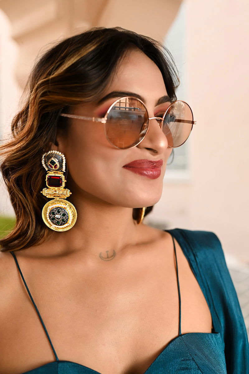 Gold Metal Kundan Ruby Stones Pearl Accents Earrings - Mayrake.in