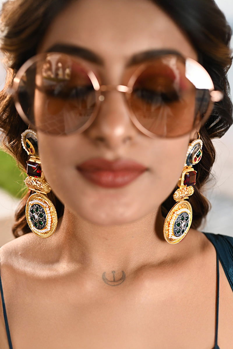 Gold Metal Kundan Ruby Stones Pearl Accents Earrings - Mayrake.in